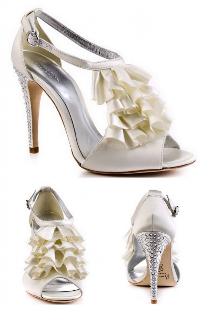 Wedding heels with ruffles and blinged heel