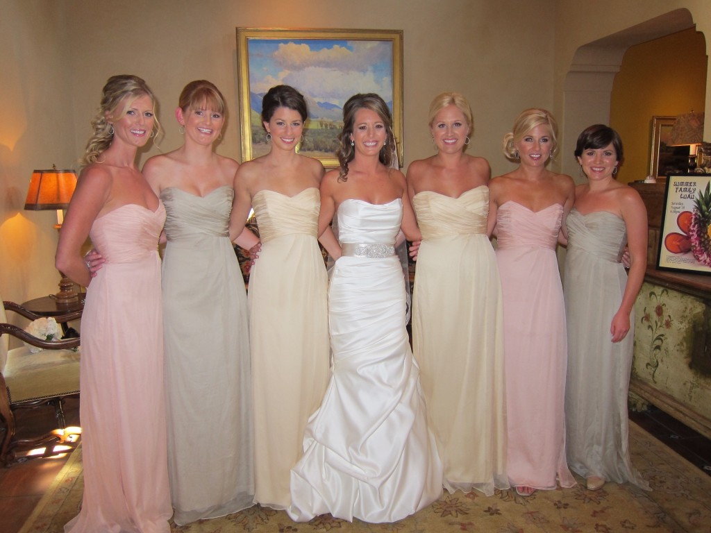 Ready or Knot Bridesmaids, Amsale G629C in Blush, Champagne and Vanilla